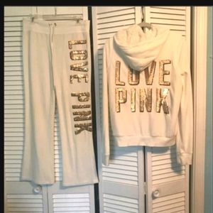 VS PINK FAUX FUR BLING SET JACKET VELOUR PANTS